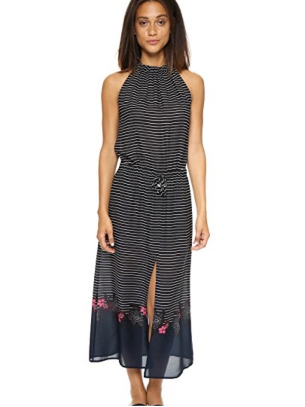 A.L.C ALC silk black white stripe cinch tie waist halter floral trim maxi dress - Picture 14 of 15